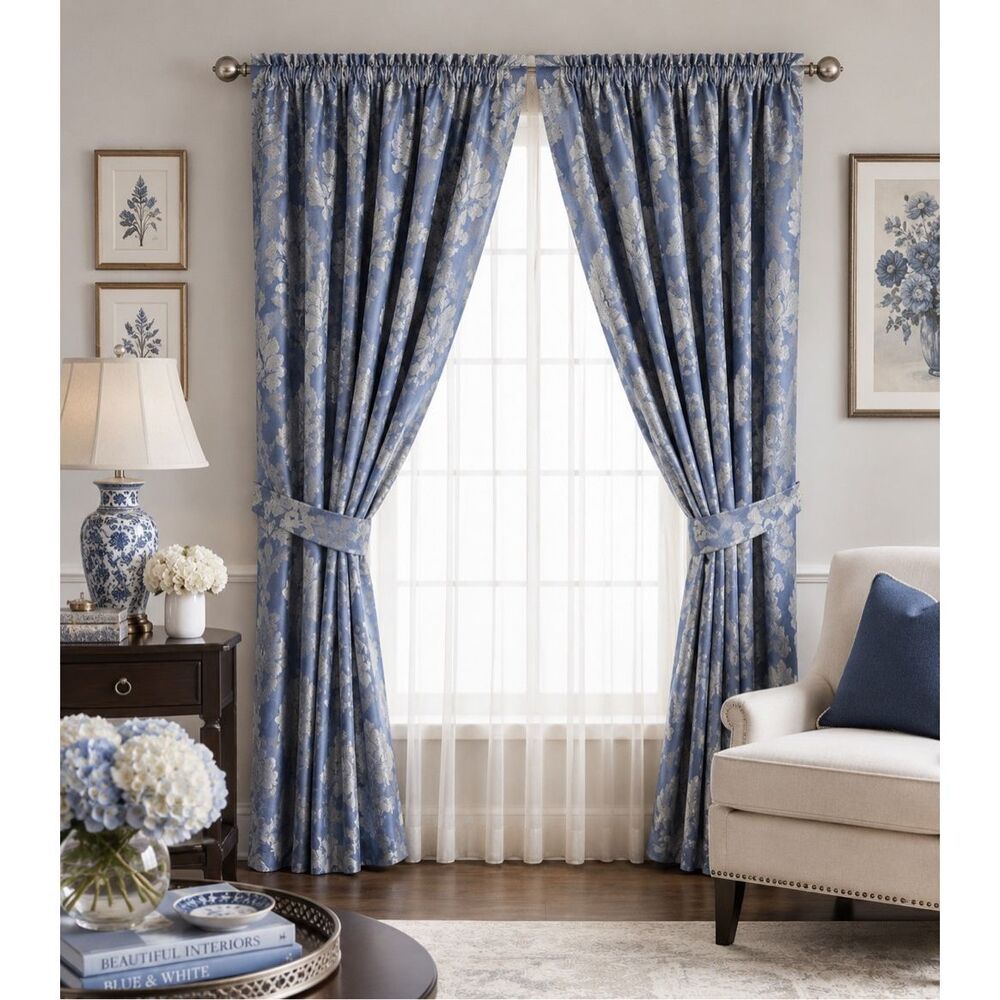 Woven Jacquard Petite Scroll Curtain 5 PC Door Window Home Decor Wedgewood